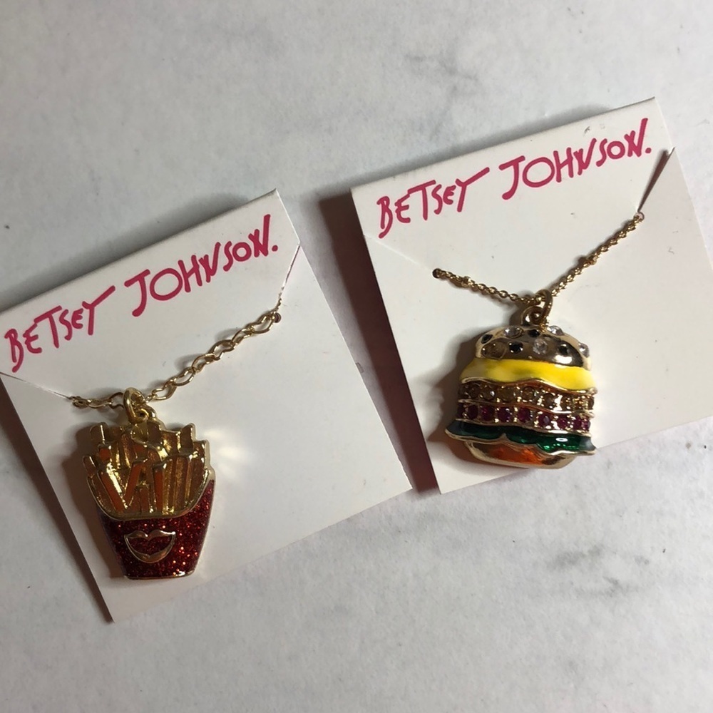 2 Betsey Johnson burgers and fries necklaces. New!